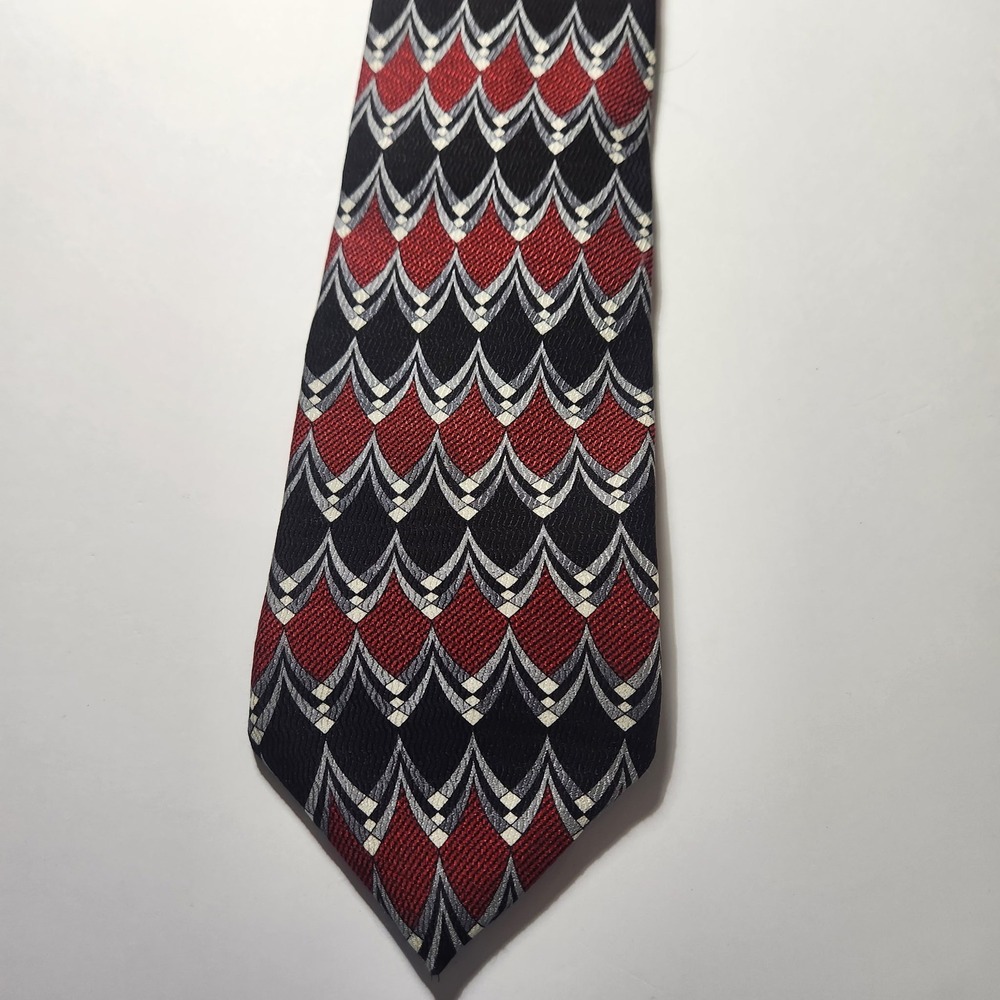 Bravini Mens Silk Necktie Red Black Silver Geometric Art Deco Made in USA Tie